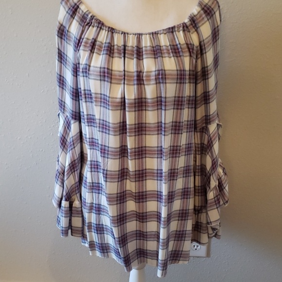 Fever Tops - 1X Flannel Top w/ Ruffled Bell Sleeves MultiColor